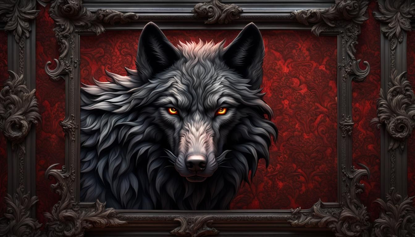 Hyper Realistic Horrifying Black Wolf Portrait with Fancy Frame On Dark Fancy Grungy Red Damask Texture Wall with peelin...