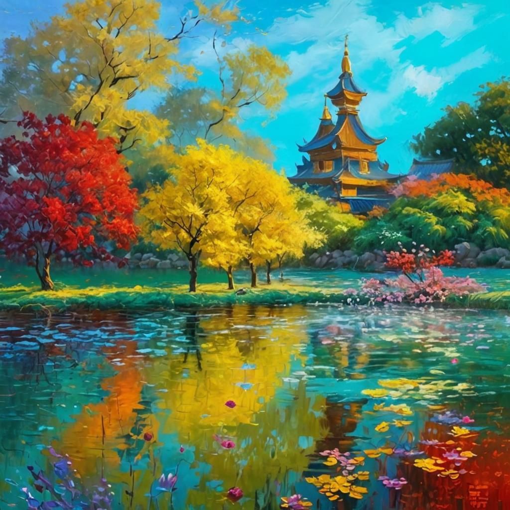 Tranquil Pond with Blooming Chrysanthemums as Impasto Painti...