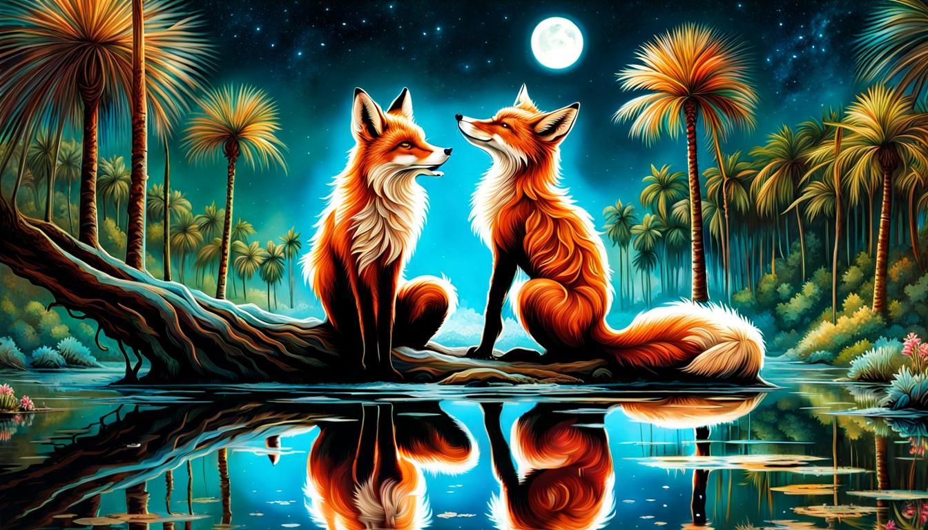 Bioluminescent Foxes Kissing Reflection: Detailed Fantasy Ar...