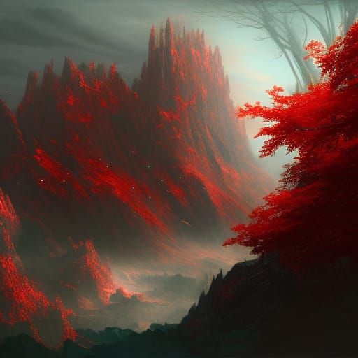 Fantastical Red Matte Painting in Deep Color