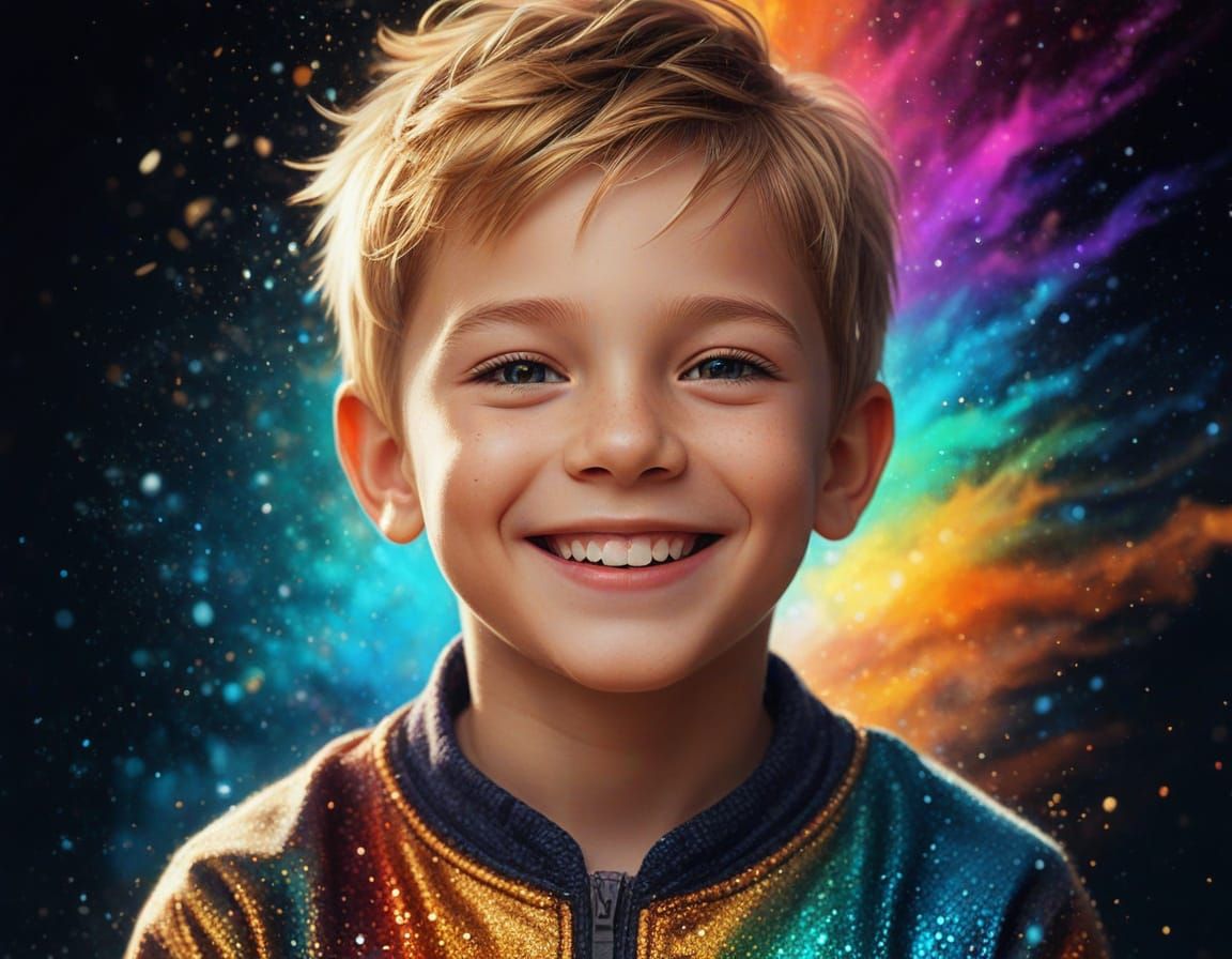 Child Smiling in Cosmic Opalescent Dreamscape
