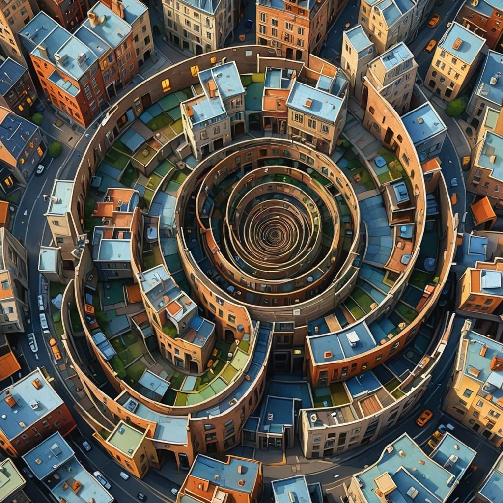 Surreal Spiral City with Dynamic Lighting, Post-Impressionis...