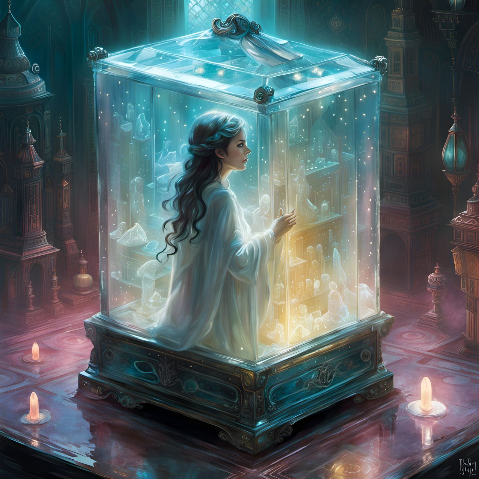 Cute Ghost in Crystal Box, Hyperrealistic Digital Art