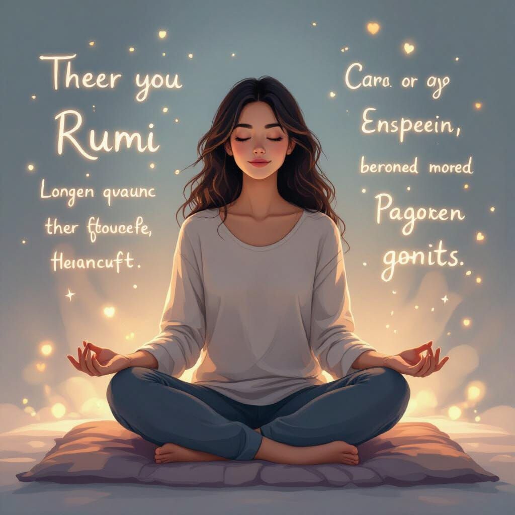 Meditative Figure Surrounded by Glowing Quotes