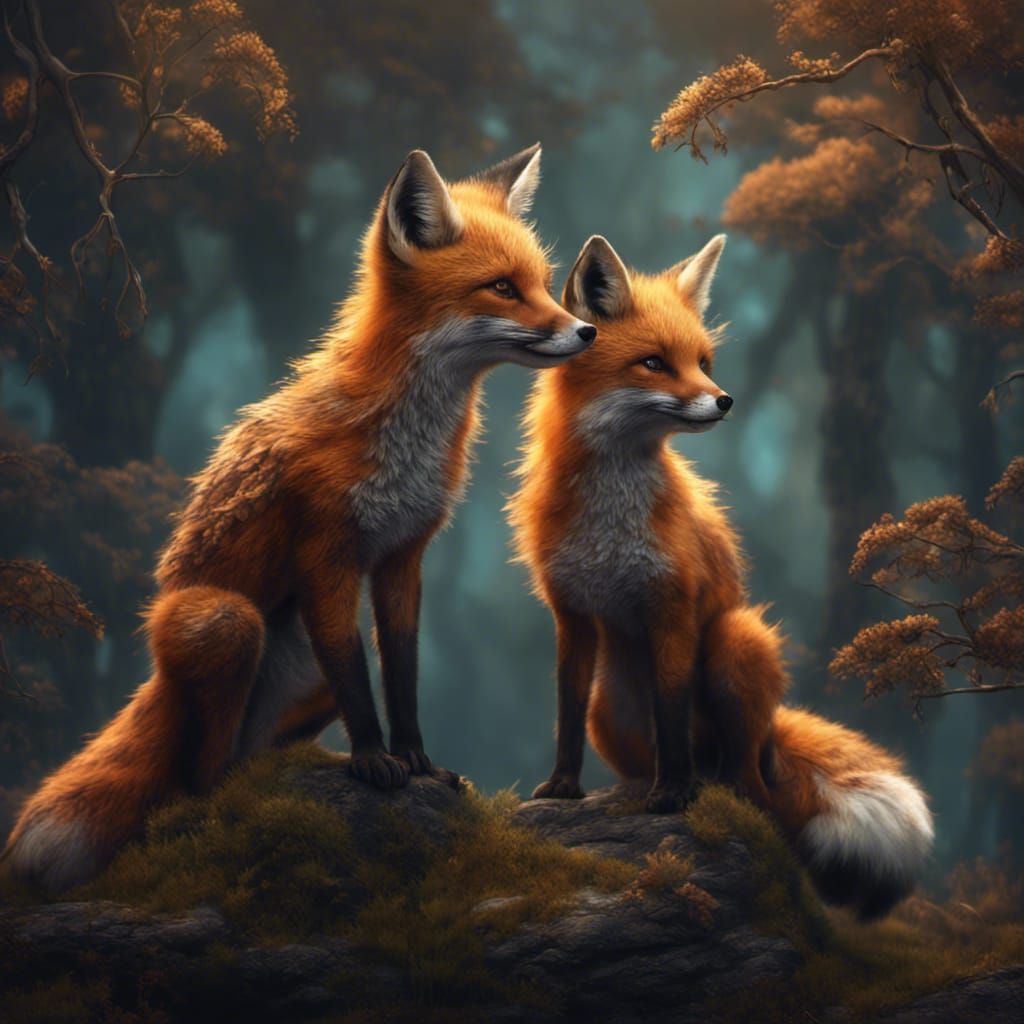 Fantastical Baby Foxes Matte Painting in Deep Color