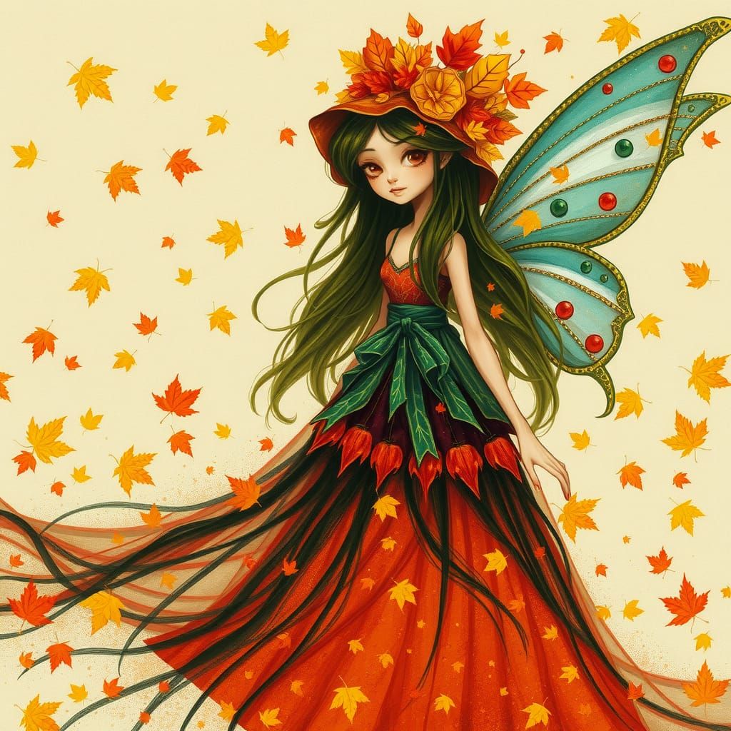 Pointillist Autumn Fairy with Green Hair