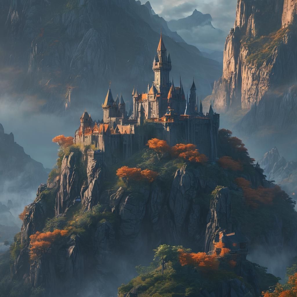 Mystical Excalibur Castle on Misty Mountain Peak