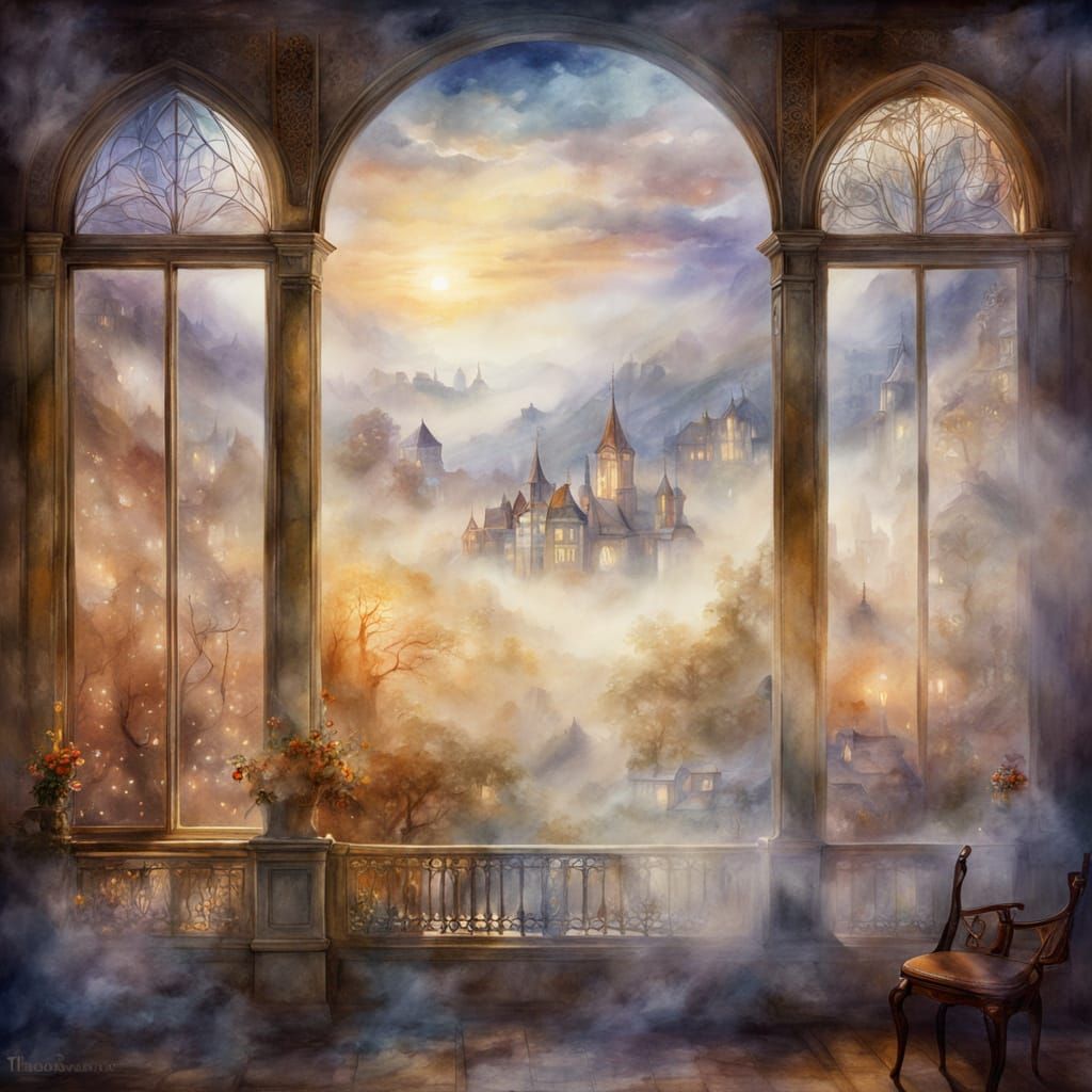 Ethereal Watercolor: Misty Home in Golden Light