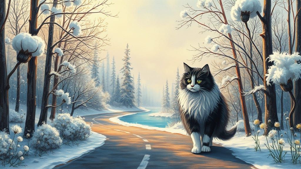 Serene Winter Forest Whispers with a Fluffy Feline Companion