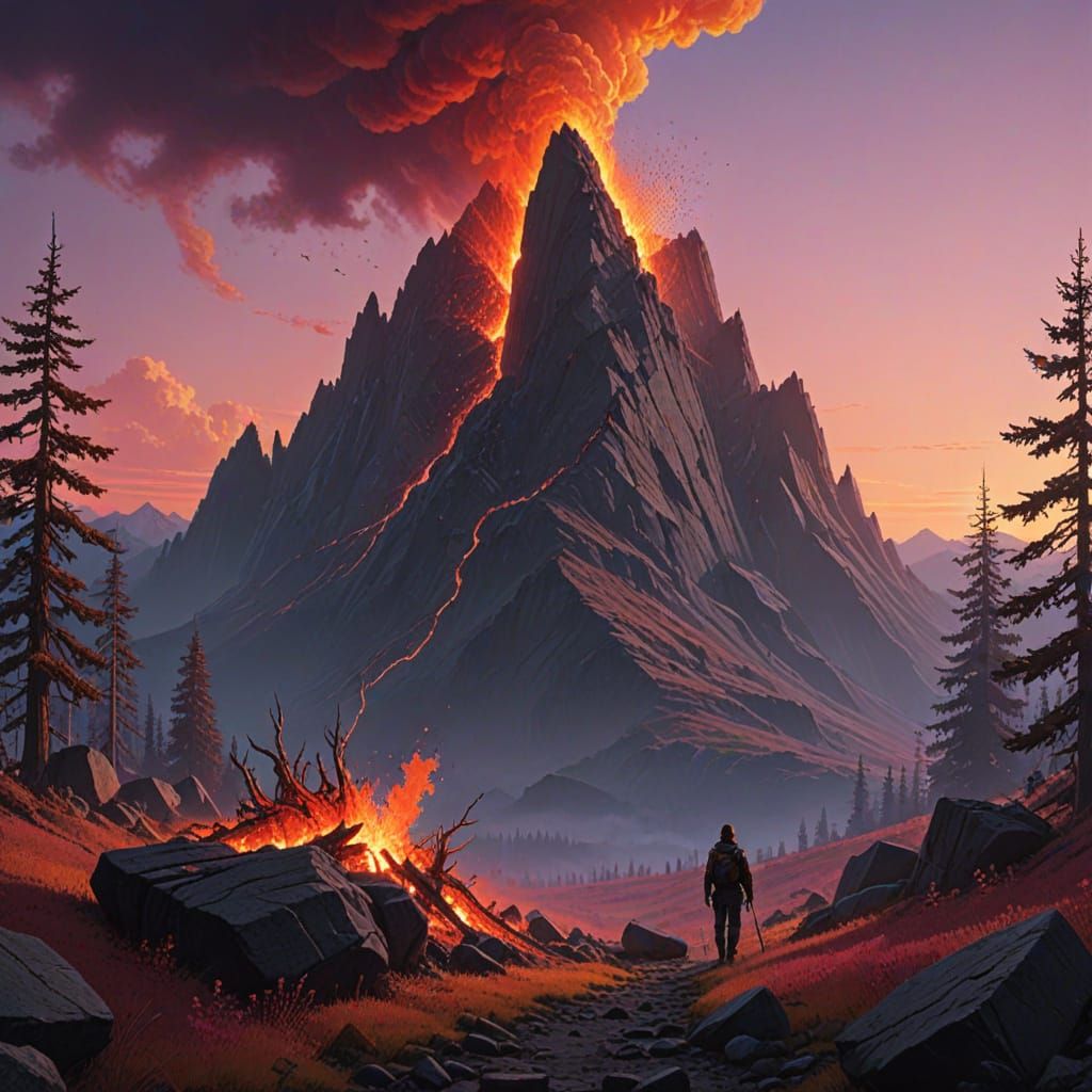 Surreal Sunset Mountain Silhouette in Scarlet Gold Flame Pur...