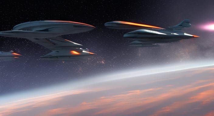 USS Enterprise Amidst Iridescent Gas Clouds