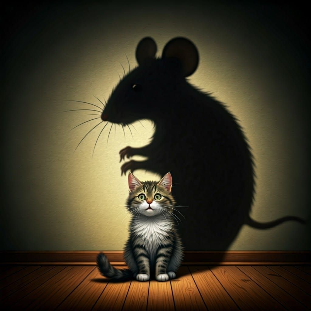 A Timid Kitty Confronts an Ominous Mouse Shadow in a Dark, W...