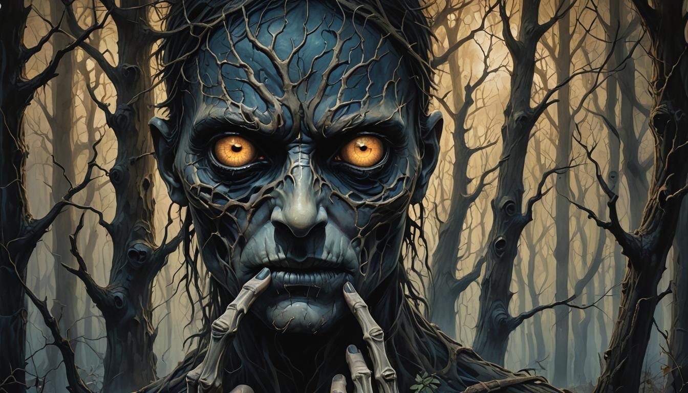 Ominous Forest with Glowing Eyes in Dark Fantasy