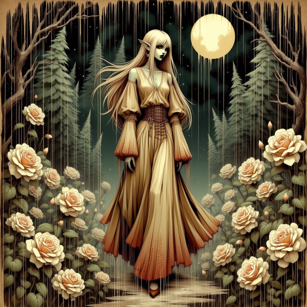 Elven Queen in Bioluminescent Rose Garden