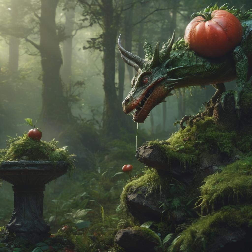 Tomato Dragon in Mystical Forest: Fantasy Concept Art