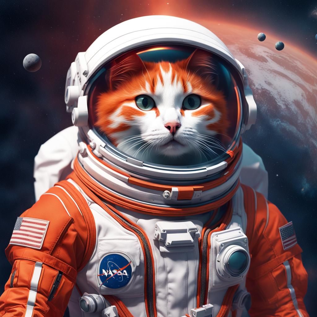 Double exposure- space interplanetary Cute kitty red orange white wear nasa uniform