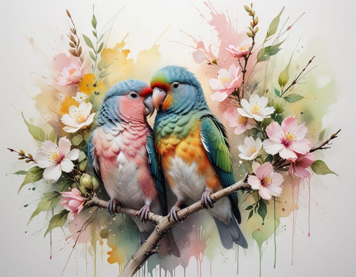 Lovebirds on Branch in Watercolor Style
