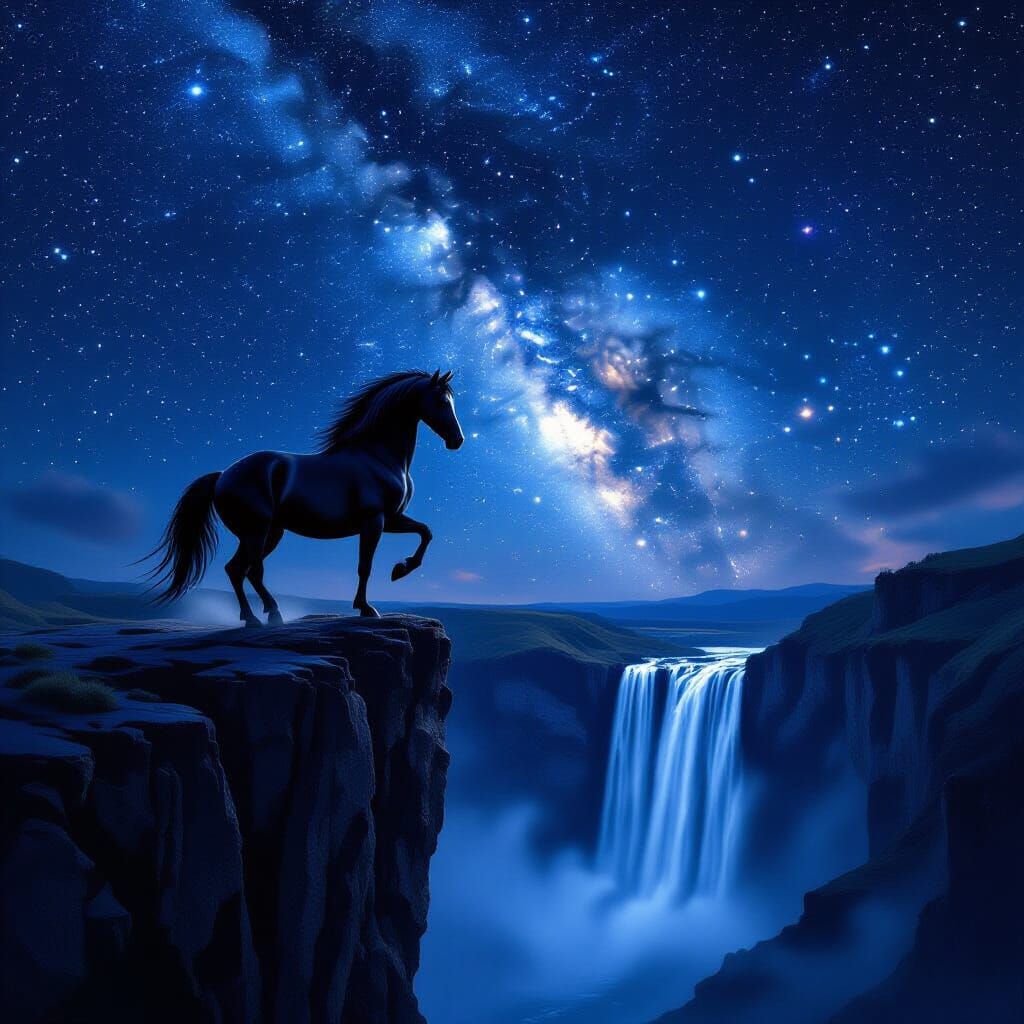 Black Stallion Rears at Cliff Edge Under Starry Night Sky