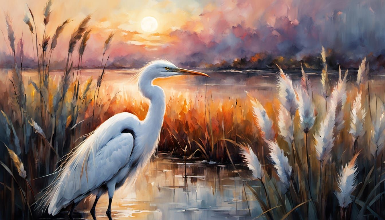 Majestic Egret in Golden Hour Marsh Watercolor Painting