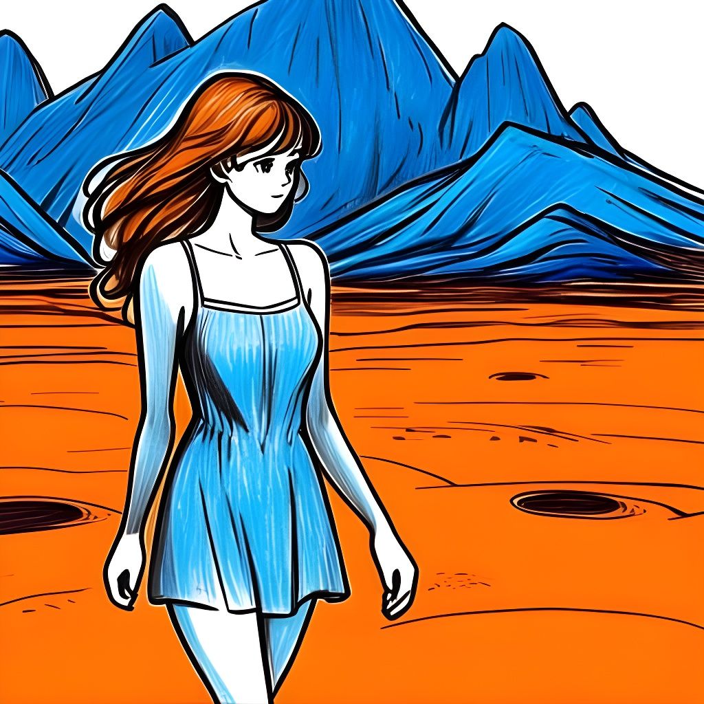 Cute Woman in Alien Landscape Colored Pencil Drawing