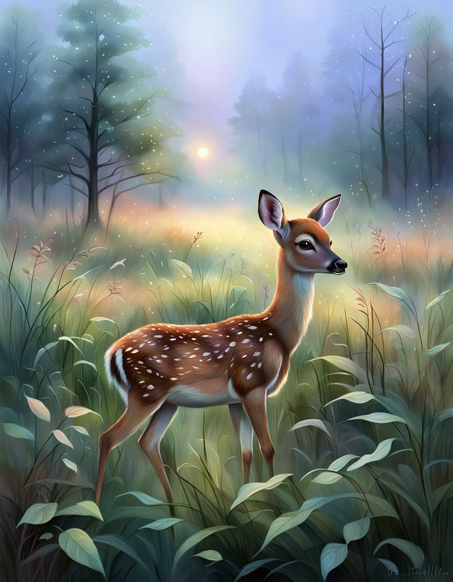 Fawn in Misty Forest: A Digital Painting
