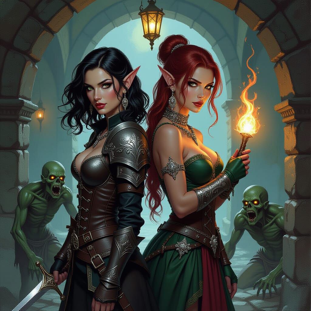 Elven Warriors Defend Dungeon in Fantasy Oil Painting