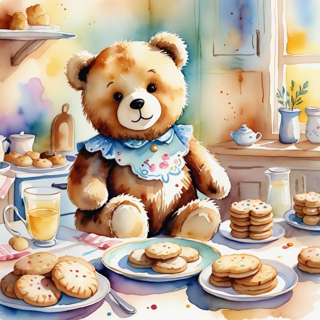 Whimsical Teddy Bear Enjoying Cookies in Watercolor