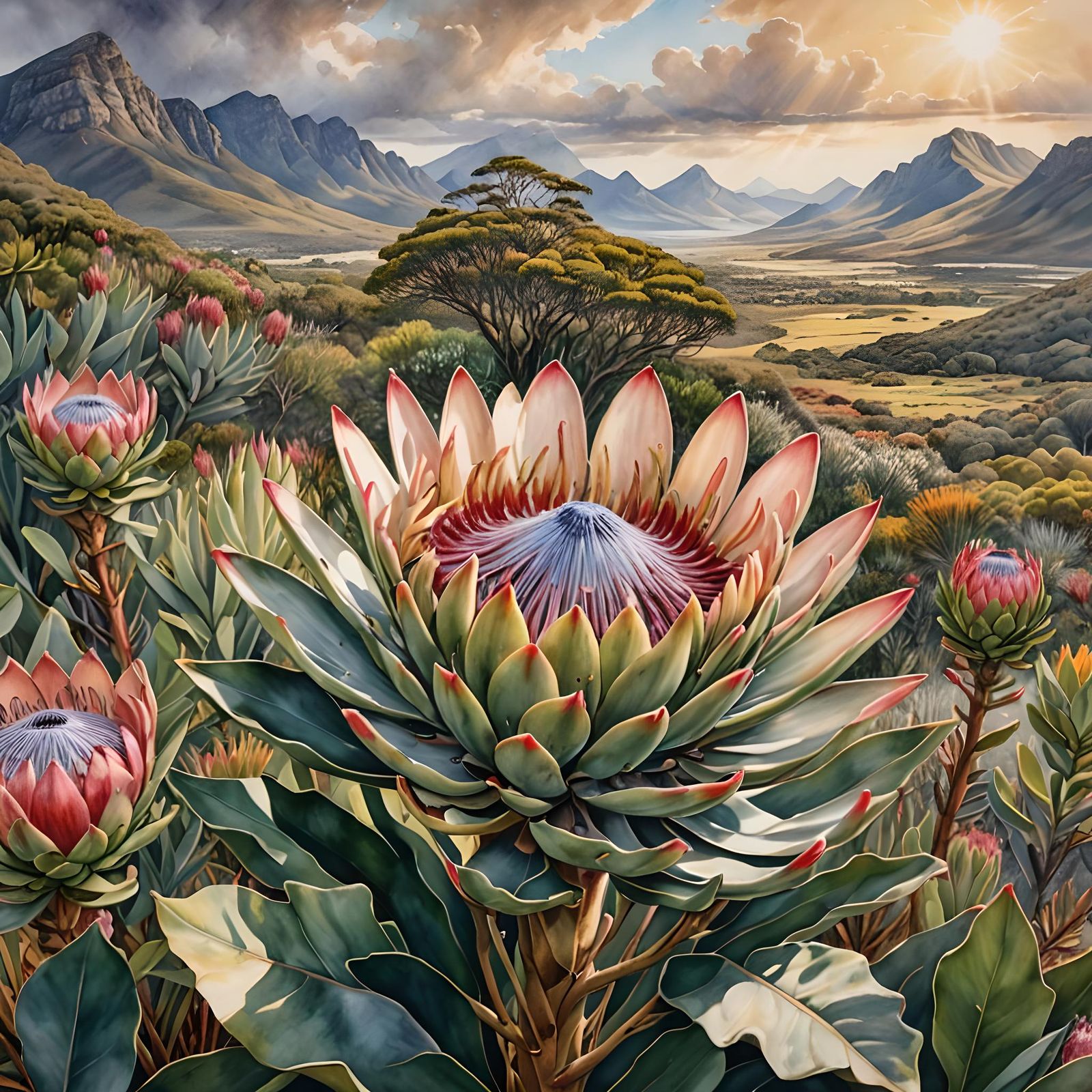 Anthropomorphic King Protea in Watercolor Painting