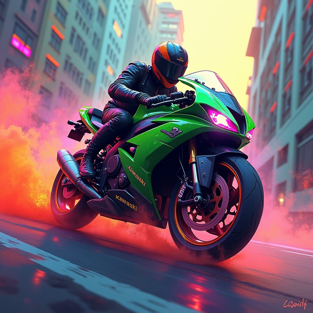 Neon Kawasaki Motorcycle Soaring Through Abstract Cityscape