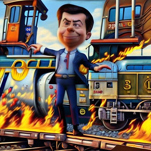 Buttigieg Dances by Train Wreck, Rockwell-esque Oil Painting