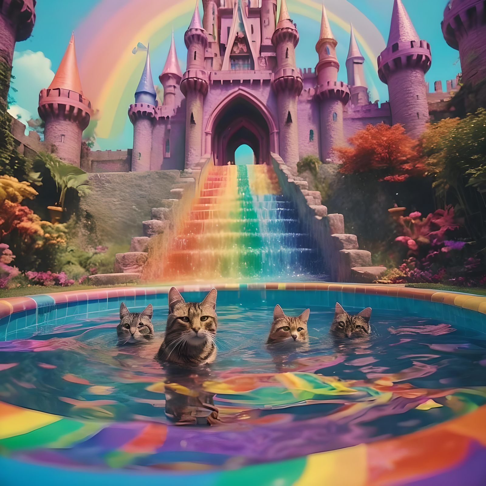 Cats Swimming in Psychedelic Rainbow Castle