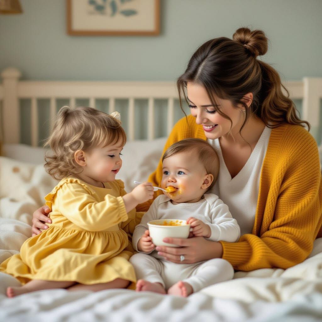 Sister Feeds Baby Brother in Cozy Nursery, Mother Smiles