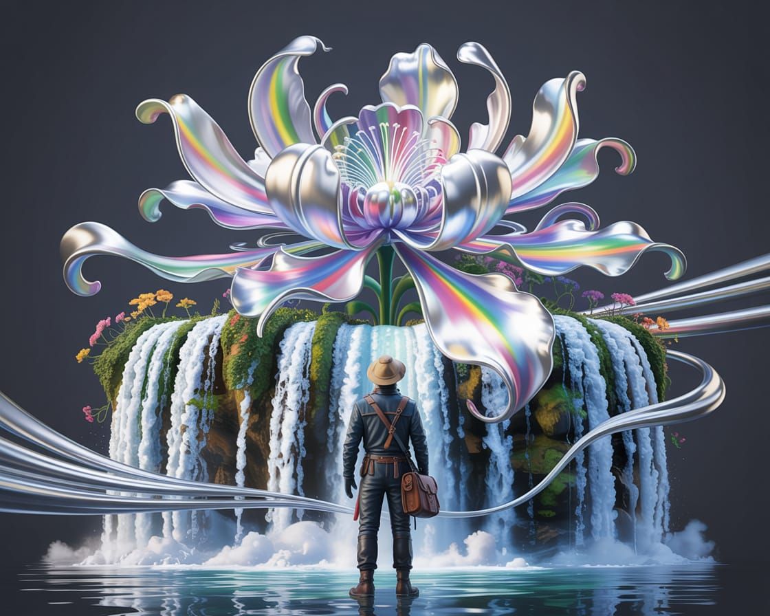 Explorer Gazing at Surreal Floral Waterfall in 3D