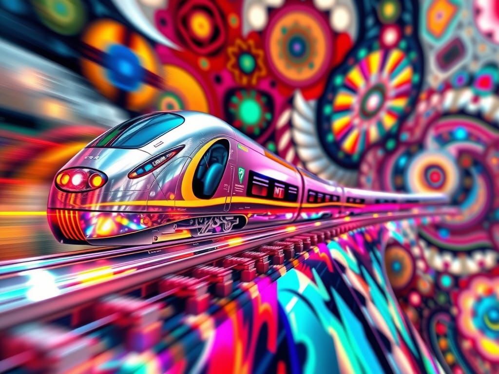 Luminous Train Glides Across Kaleidoscopic Track in Abstract...