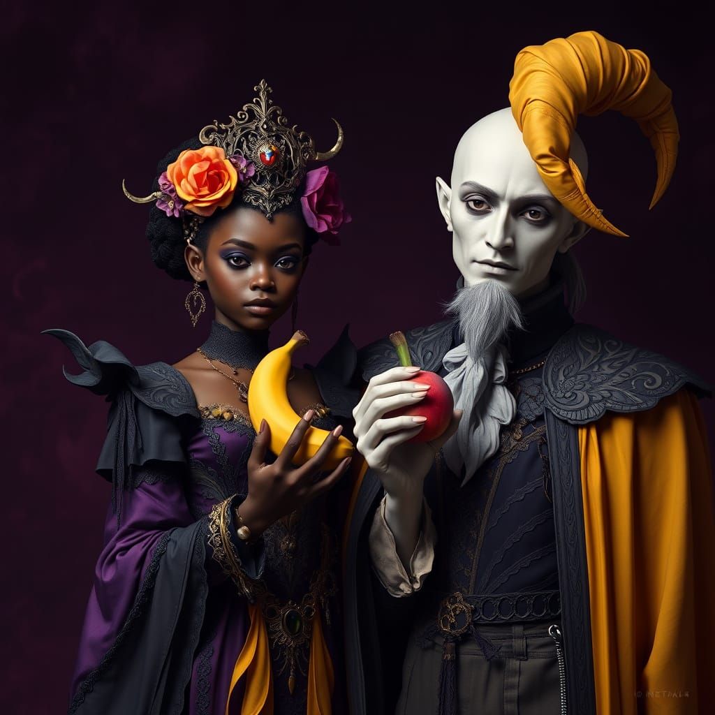 Dark Fantasy Duo Holds Fruit in Hands, in Intricate Style