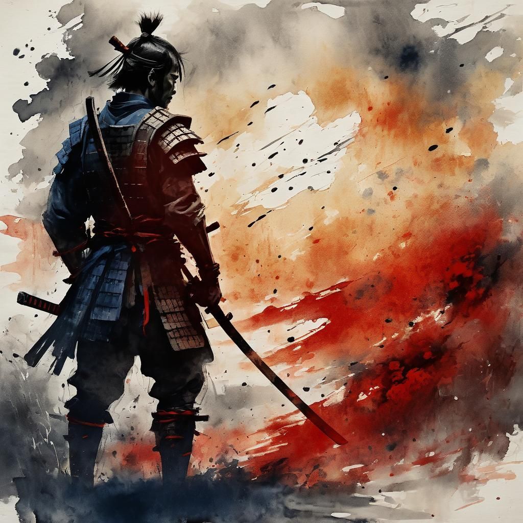 Samurai Warrior in Storm, Expressionist Ink Wash Painting