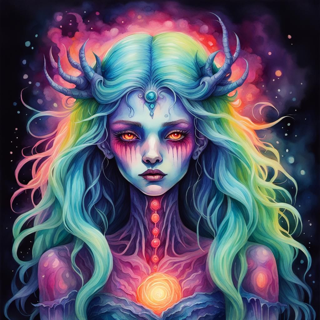 Neon Horror Princess in Watercolor Style