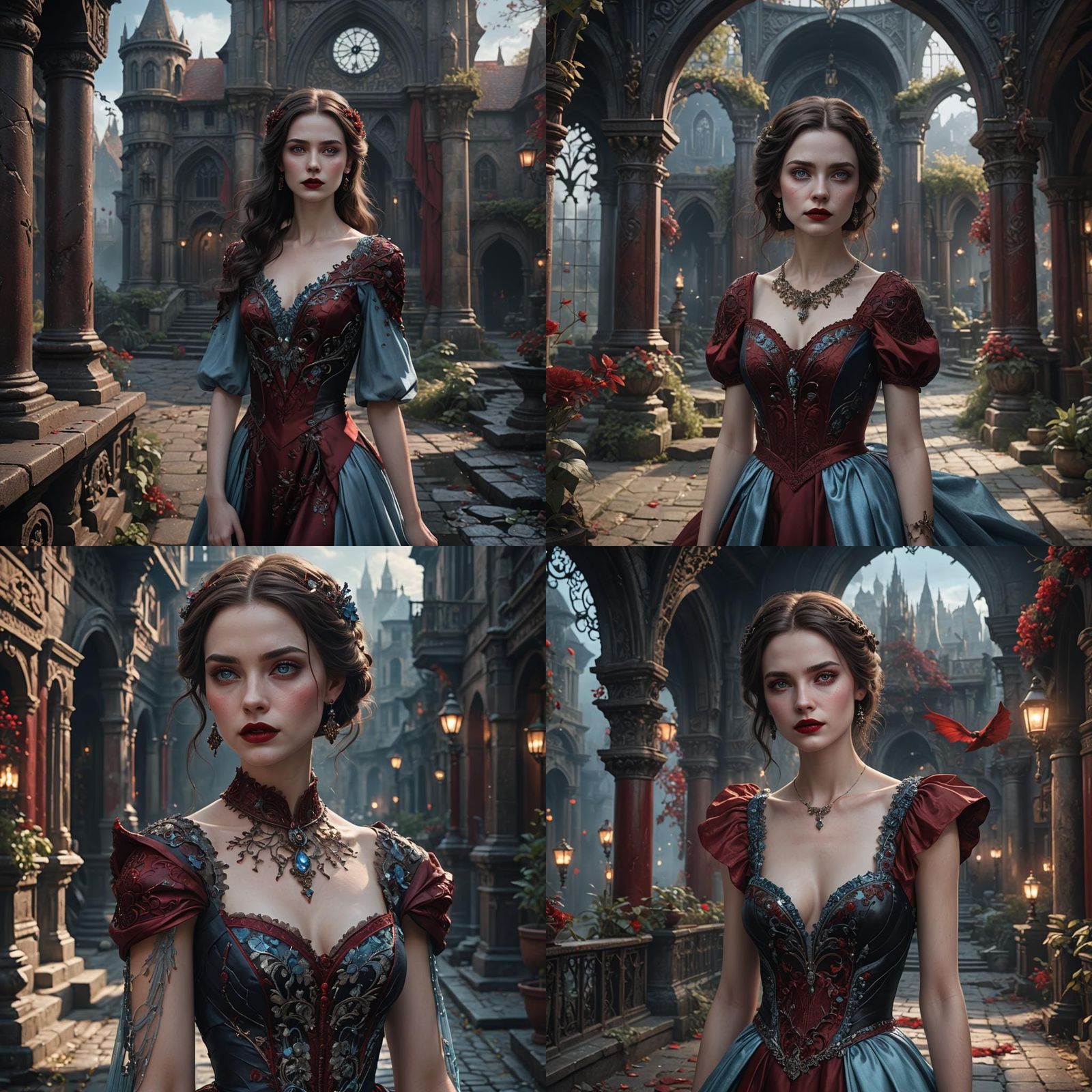English Woman in Dark Red Dress, Detailed Matte Painting