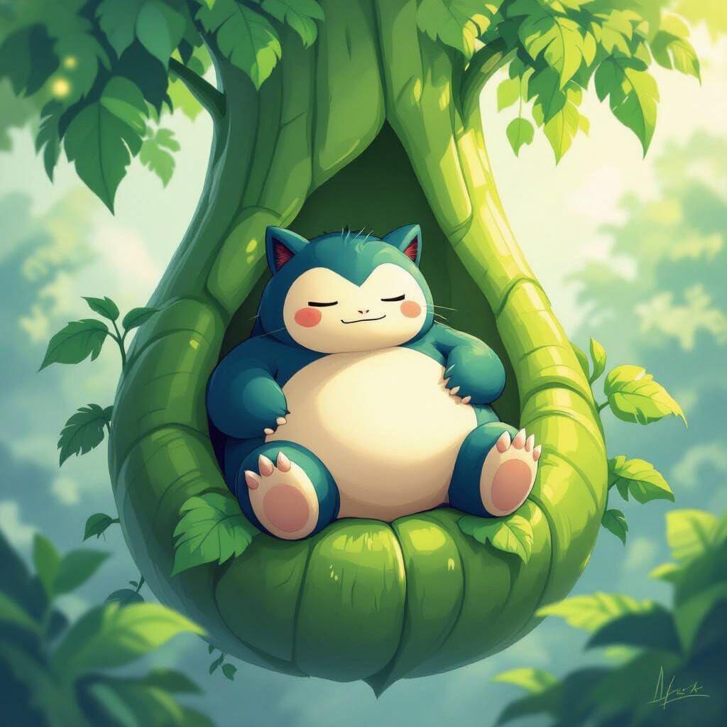 Snorlax on Giant Beanstalk in Whimsical Style