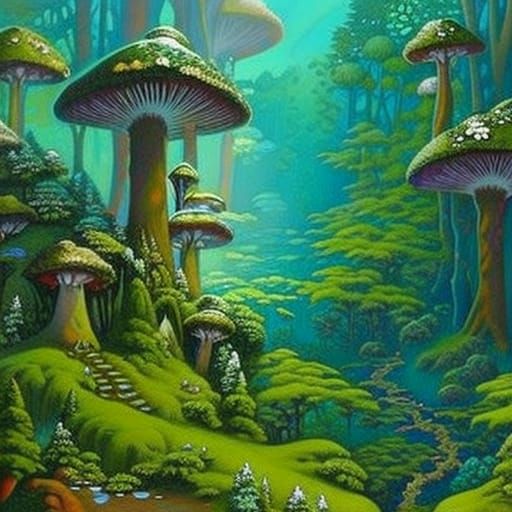 Enchanted Mushroom Forest: Detailed Fantasy Painting