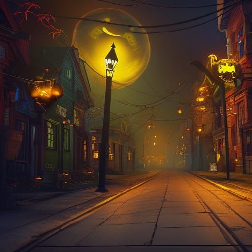 Empty Halloween Street at Night: Fantasy Concept Art