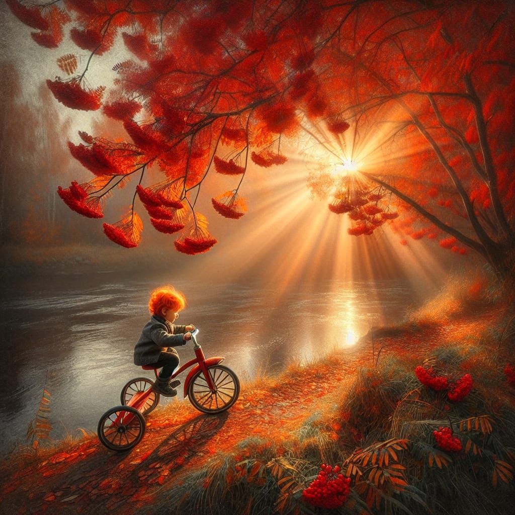 Red-Haired Toddler on Tricycle in Autumn Glow