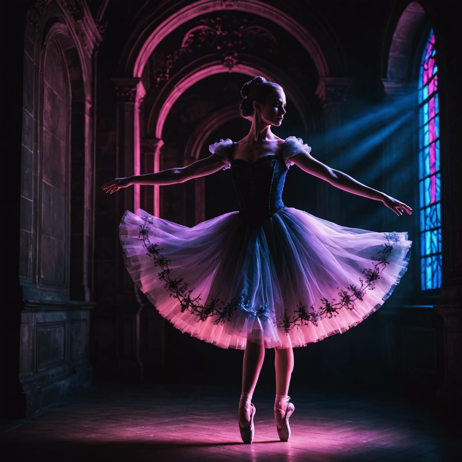 Neon Ballerina in Czech Castle, Whimsical Photo