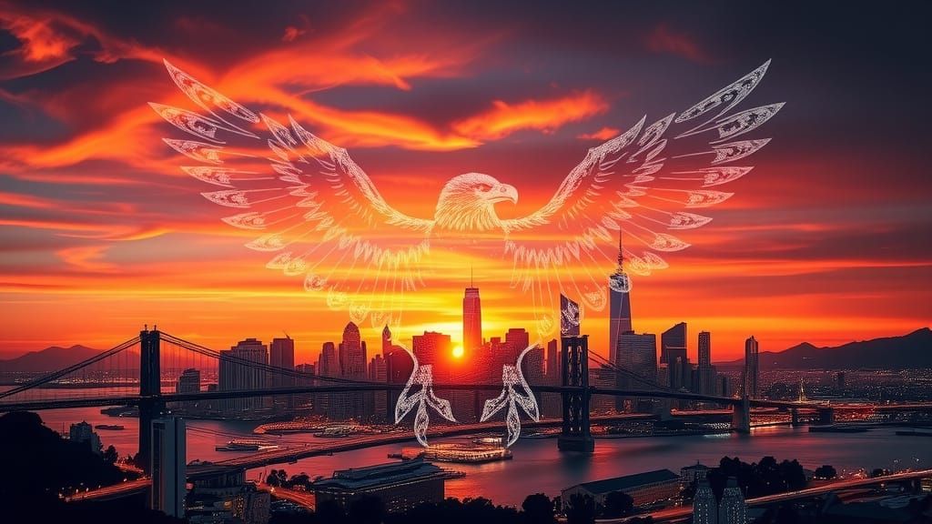 Majestic Eagle Cityscape at Sunset