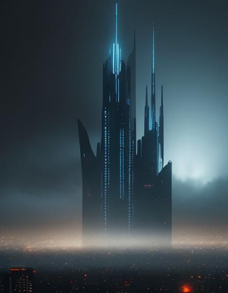 Futuristic Skyscraper in a Moody Nocturnal Cityscape
