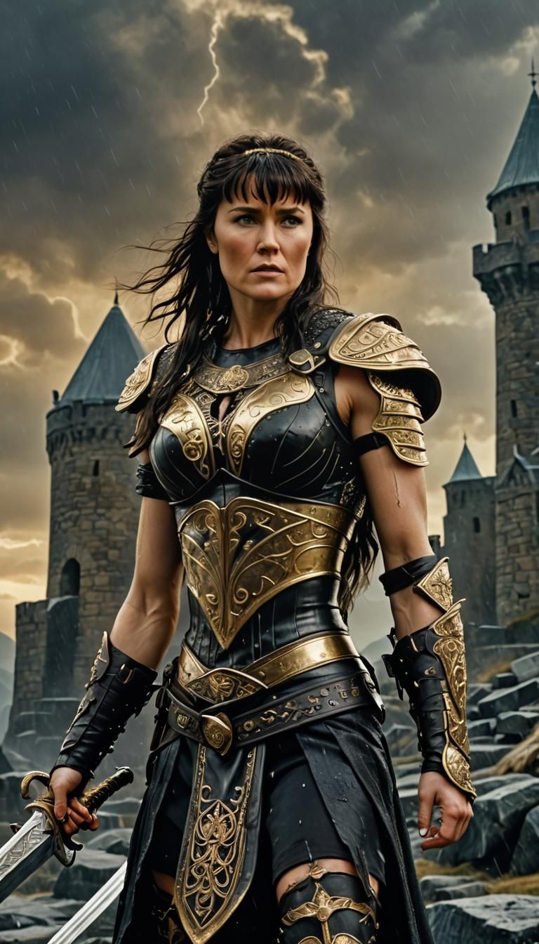 Warrior Princess with Sword and Aurora Borealis