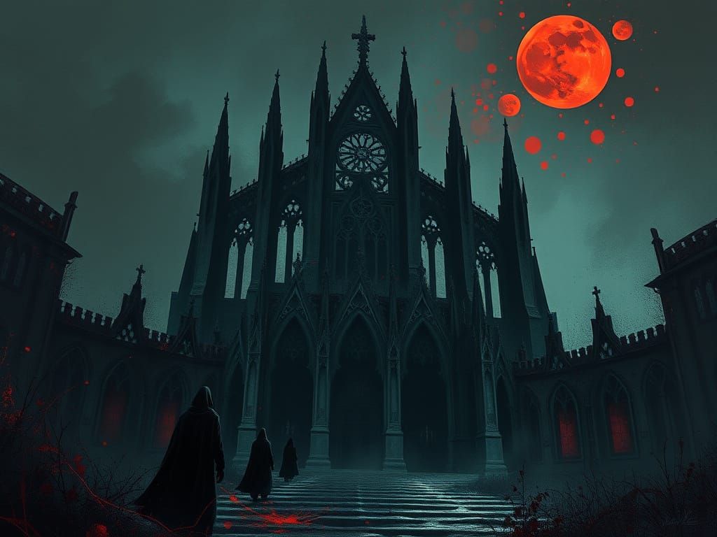 Surreal Gothic Cathedral in Crimson Moonlight