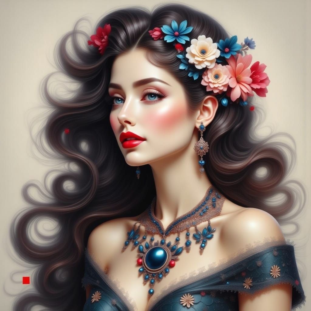 Beautiful Woman with Flowers and Jewelry