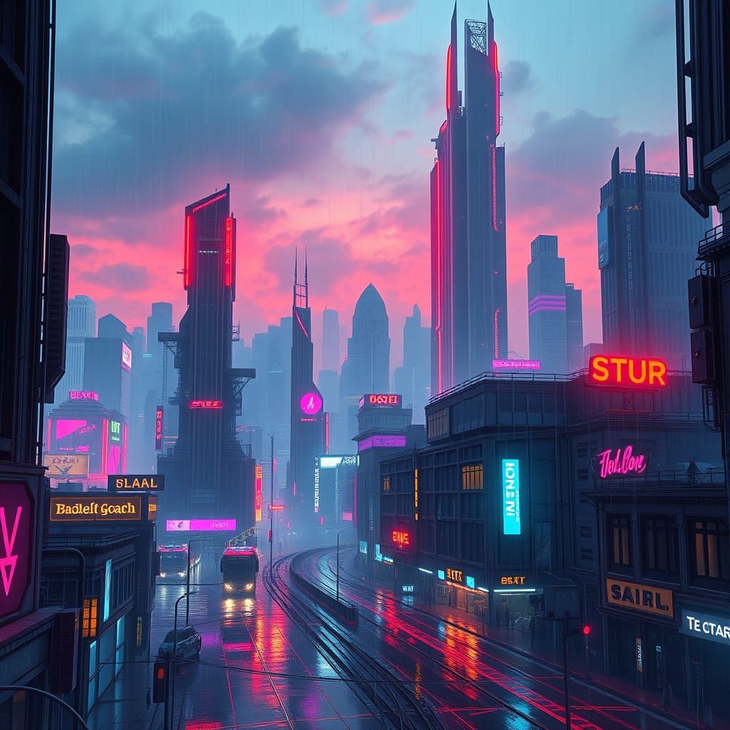 Futuristic Cityscape at Dusk in Neon Accents