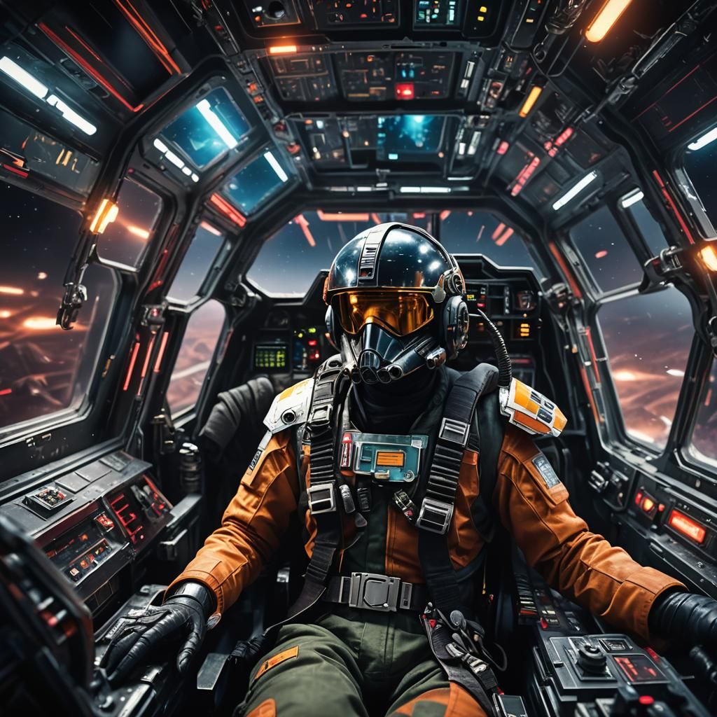 Cockpit of a Star-Wars starfighter during a dogfight in spac...